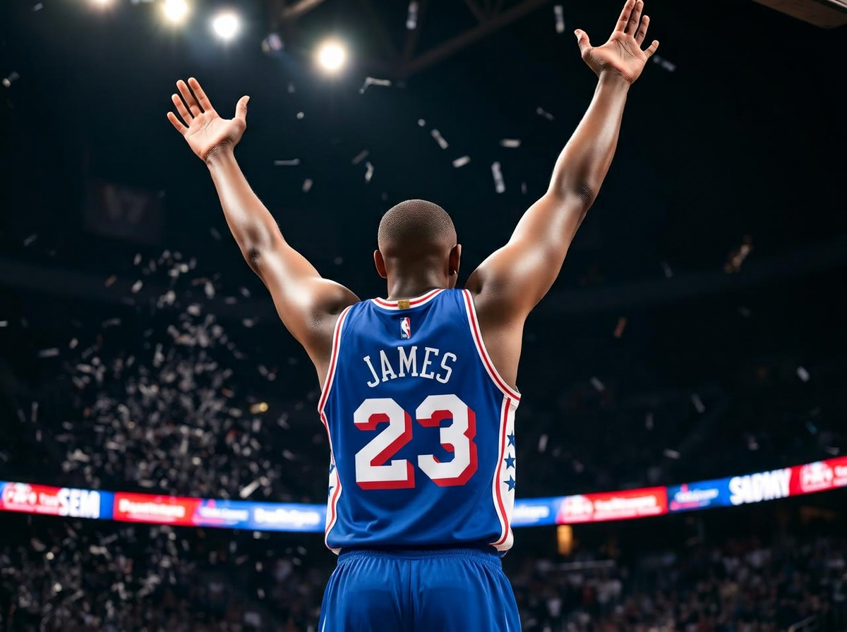 Basketball star celebrating in a Philadelphia 76ers jersey